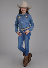 Roper Girls Denim Blue Western Shirt Long Sleeve Button Western Shirt
