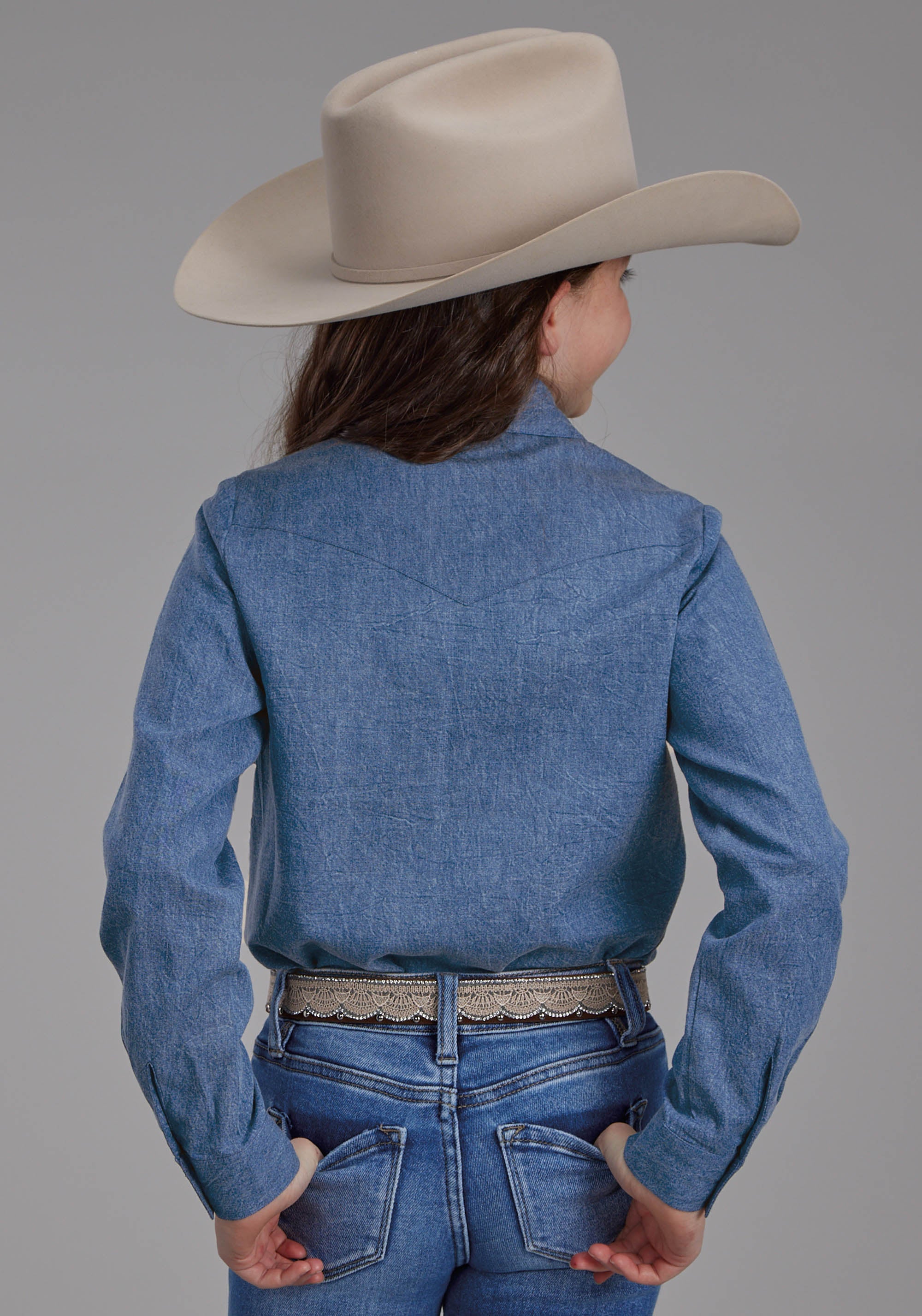 Roper Girls Denim Blue Western Shirt Long Sleeve Button Western Shirt