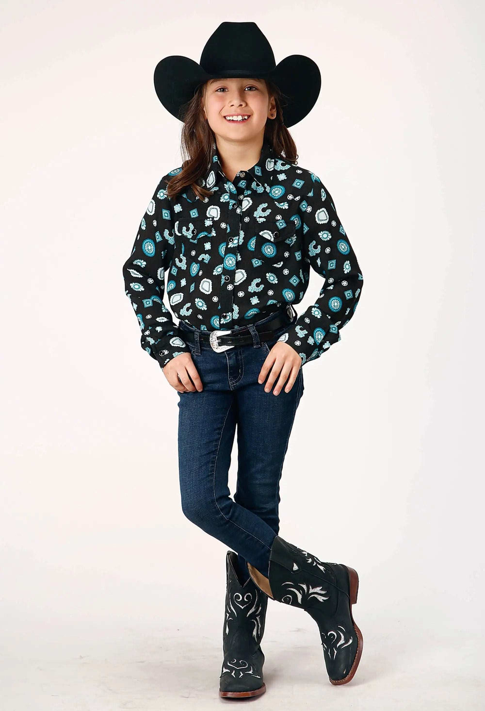 Roper Girls Long Sleeve Snap Jewel Print Rayon Western Blouse - Roper - Flyclothing LLC