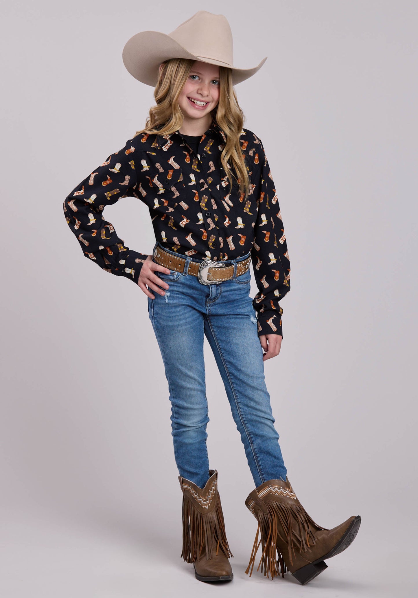 Roper Girls Long Sleeve Snap Boot Printed Rayon Western Shirt