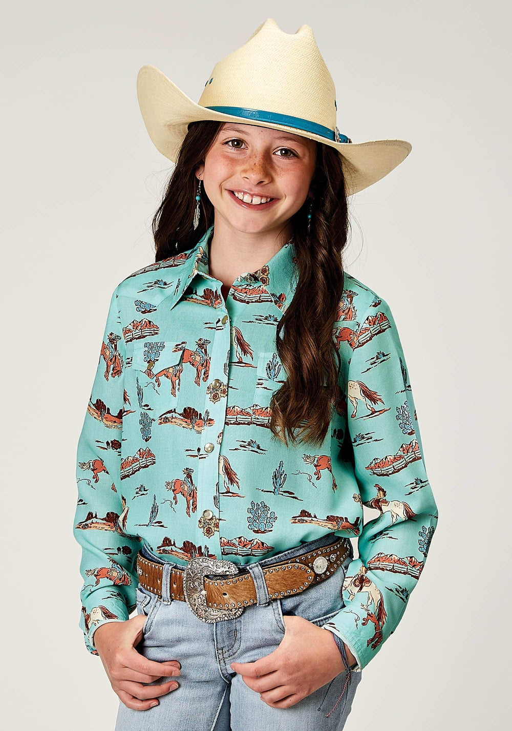 Roper Girls Long Sleeve Snap Desert Toile Print Rayon Western Blouse - Roper - Flyclothing LLC