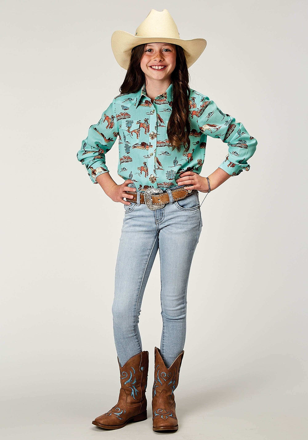 Roper Girls Long Sleeve Snap Desert Toile Print Rayon Western Blouse - Roper - Flyclothing LLC