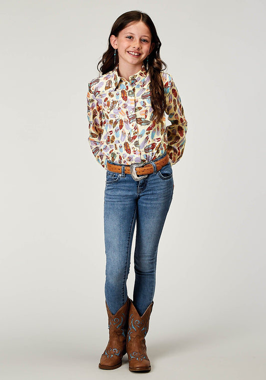Roper Girls Long Sleeve Snap Feather Toss Printed Rayon Western Blouse - Roper