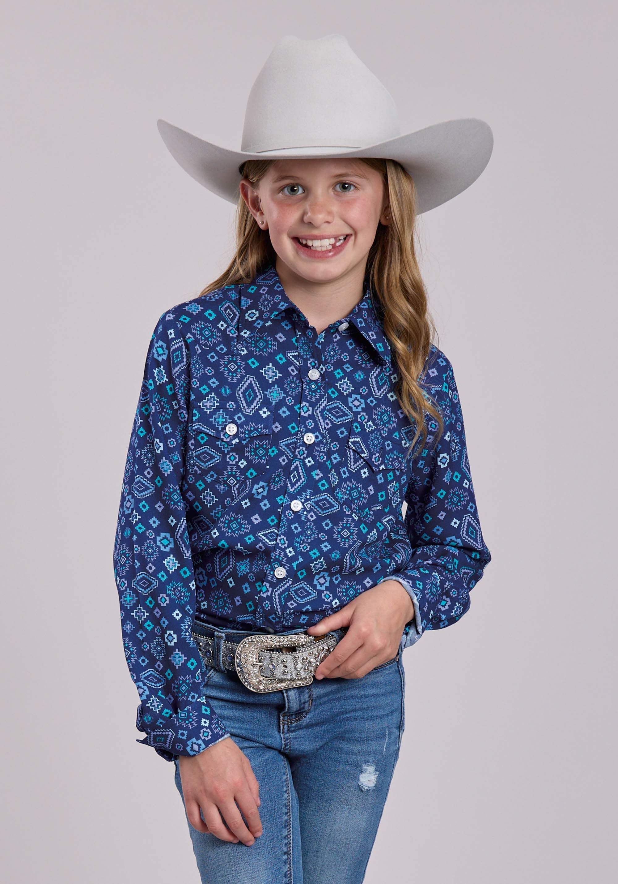 Girls Roper Blue Aztec Printed Long Sleeve Shirt - Roper - Flyclothing LLC