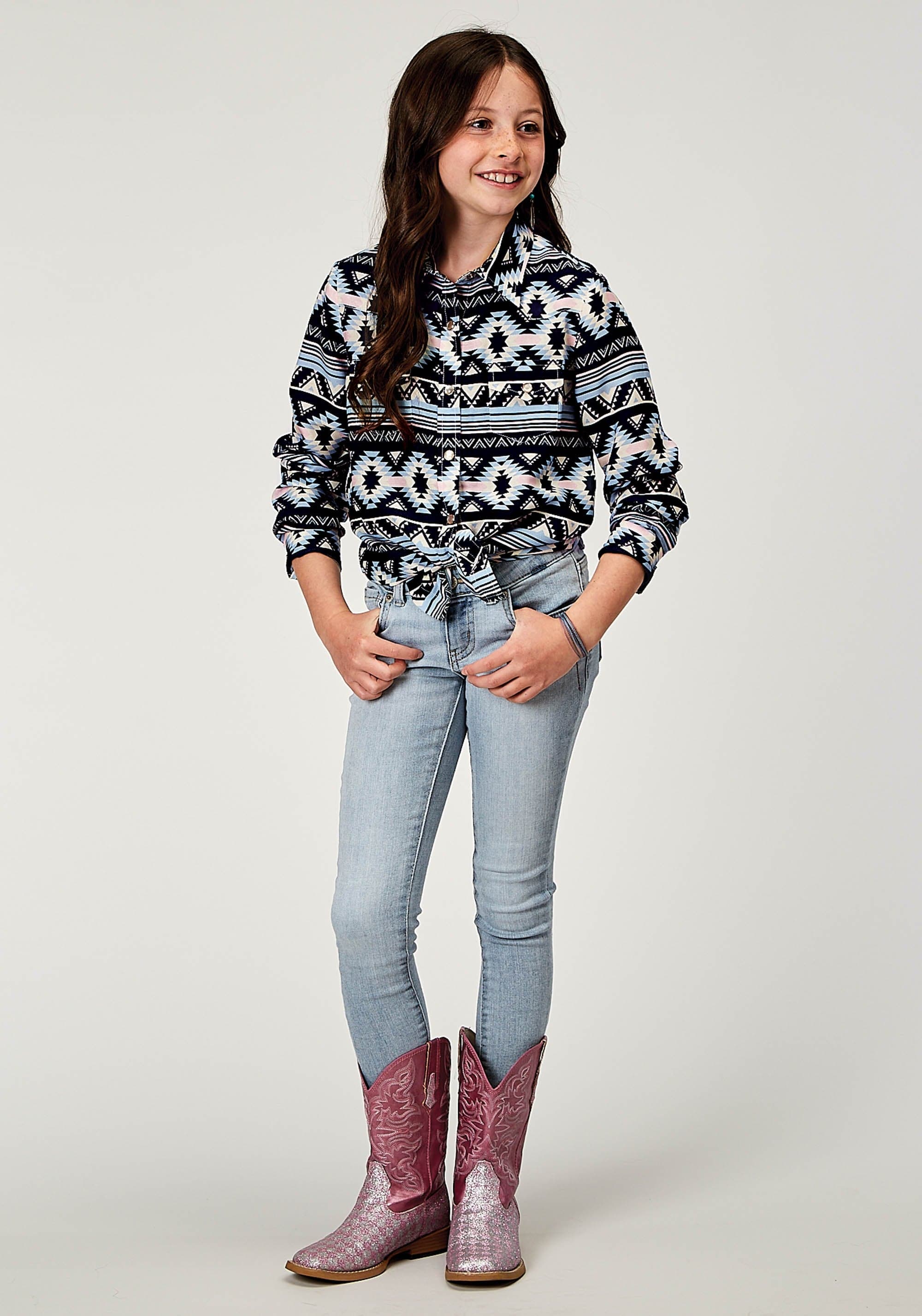 Roper Girls Long Sleeve Snap Navy Aztec Printed Rayon Western Blouse - Roper