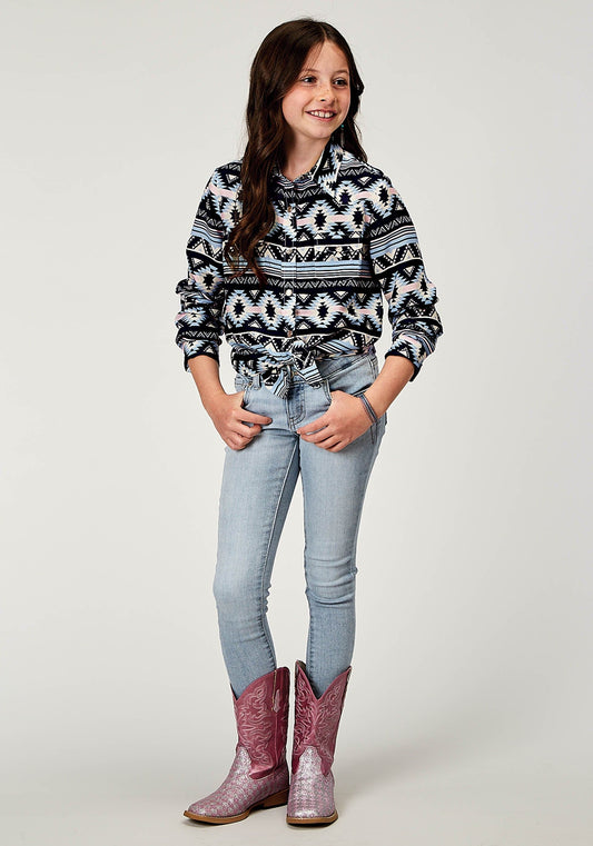 Roper Girls Long Sleeve Snap Navy Aztec Printed Rayon Western Blouse - Roper