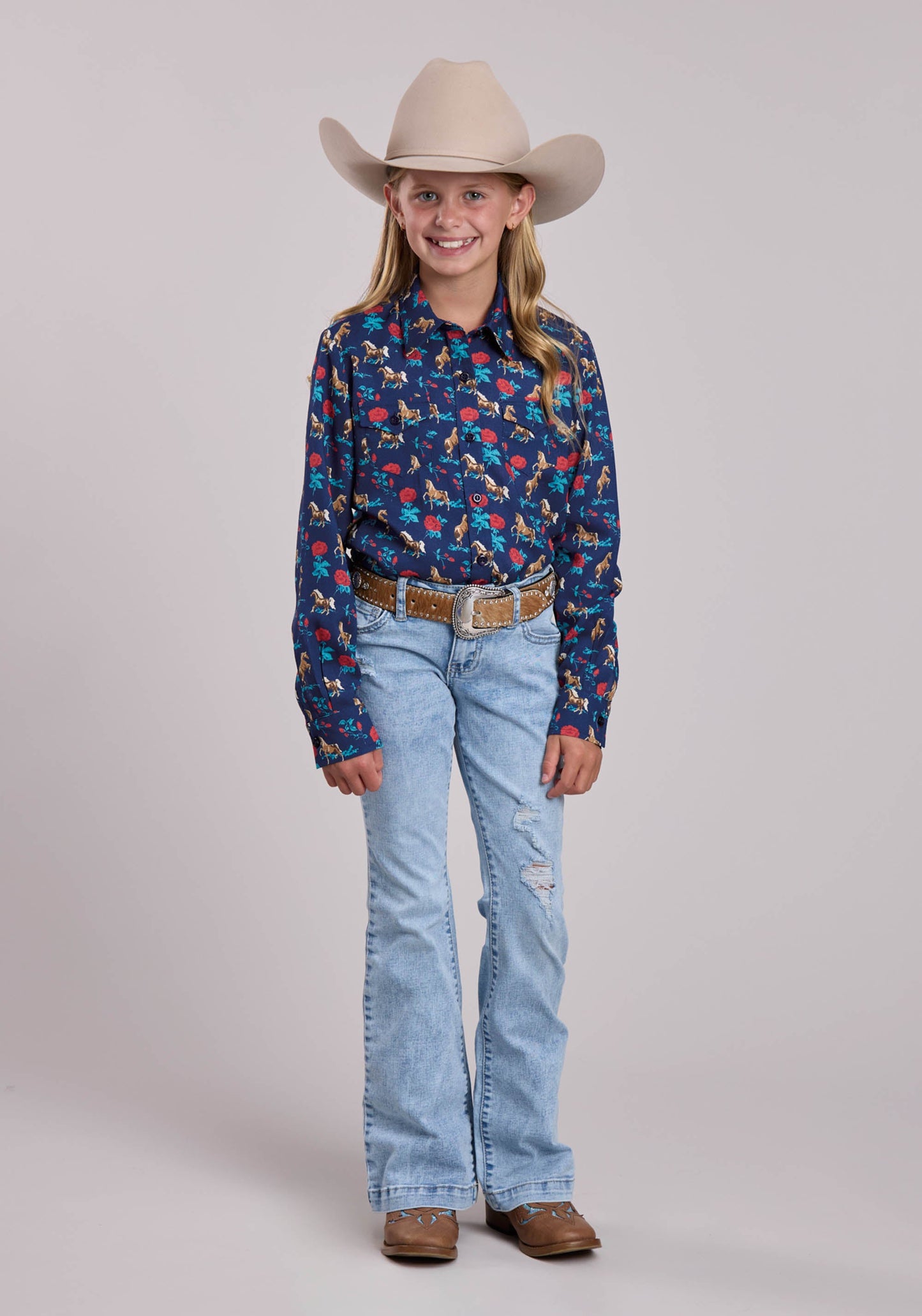 Girls Roper Navy Roses Printed Rayon Long Sleeve Shirt