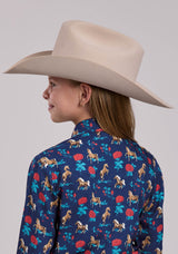 Girls Roper Navy Roses Printed Rayon Long Sleeve Shirt