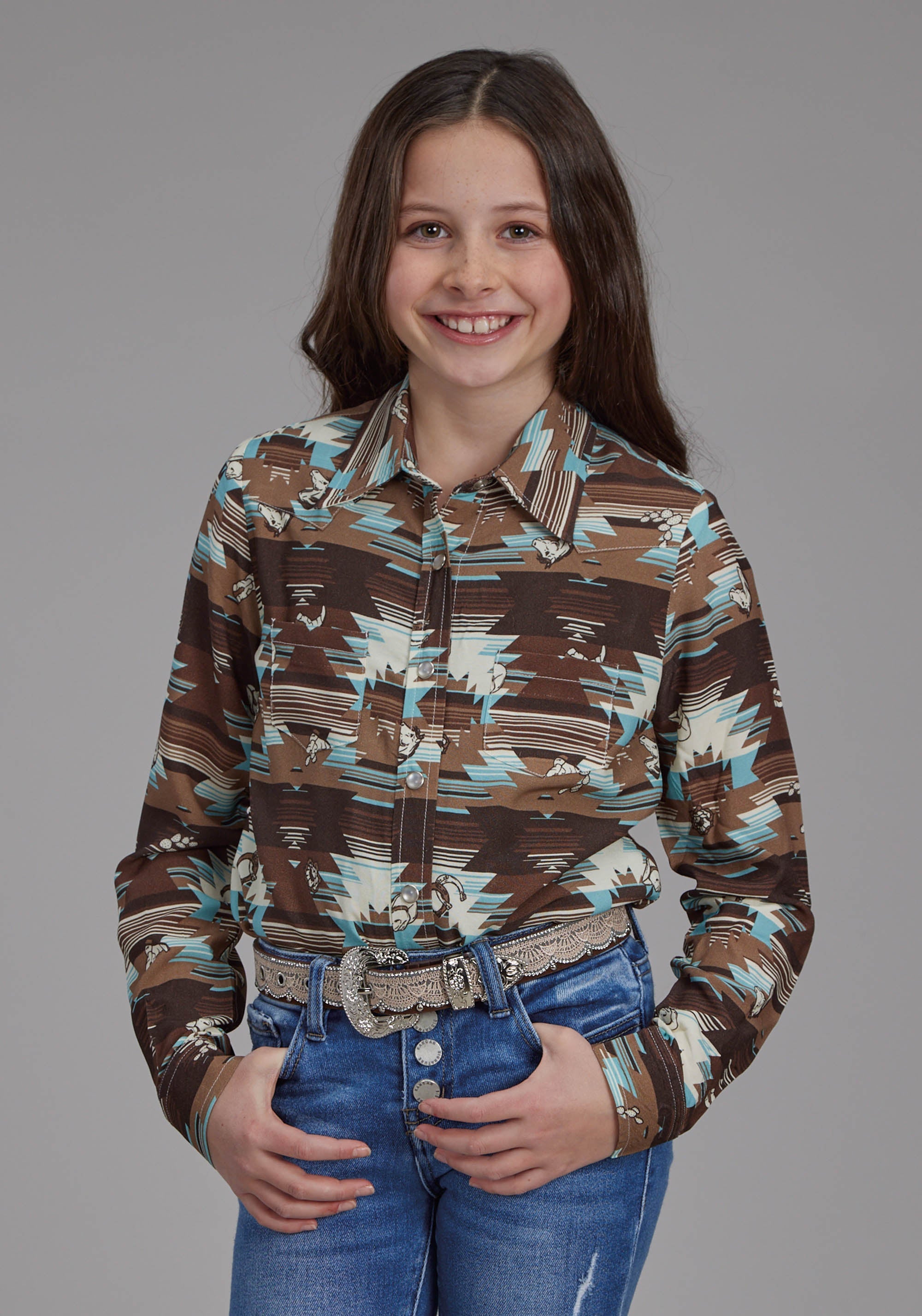Roper Girls Icon Aztec Print Rayon Long Sleeve Snap Western Shirt