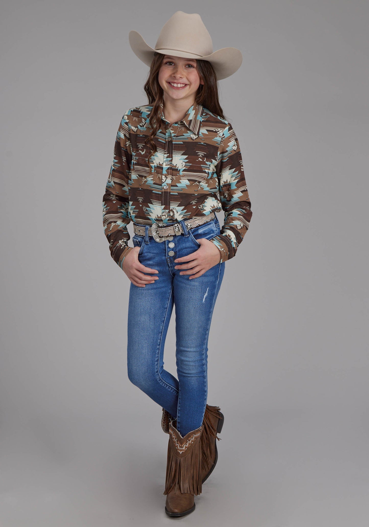 Roper Girls Icon Aztec Print Rayon Long Sleeve Snap Western Shirt
