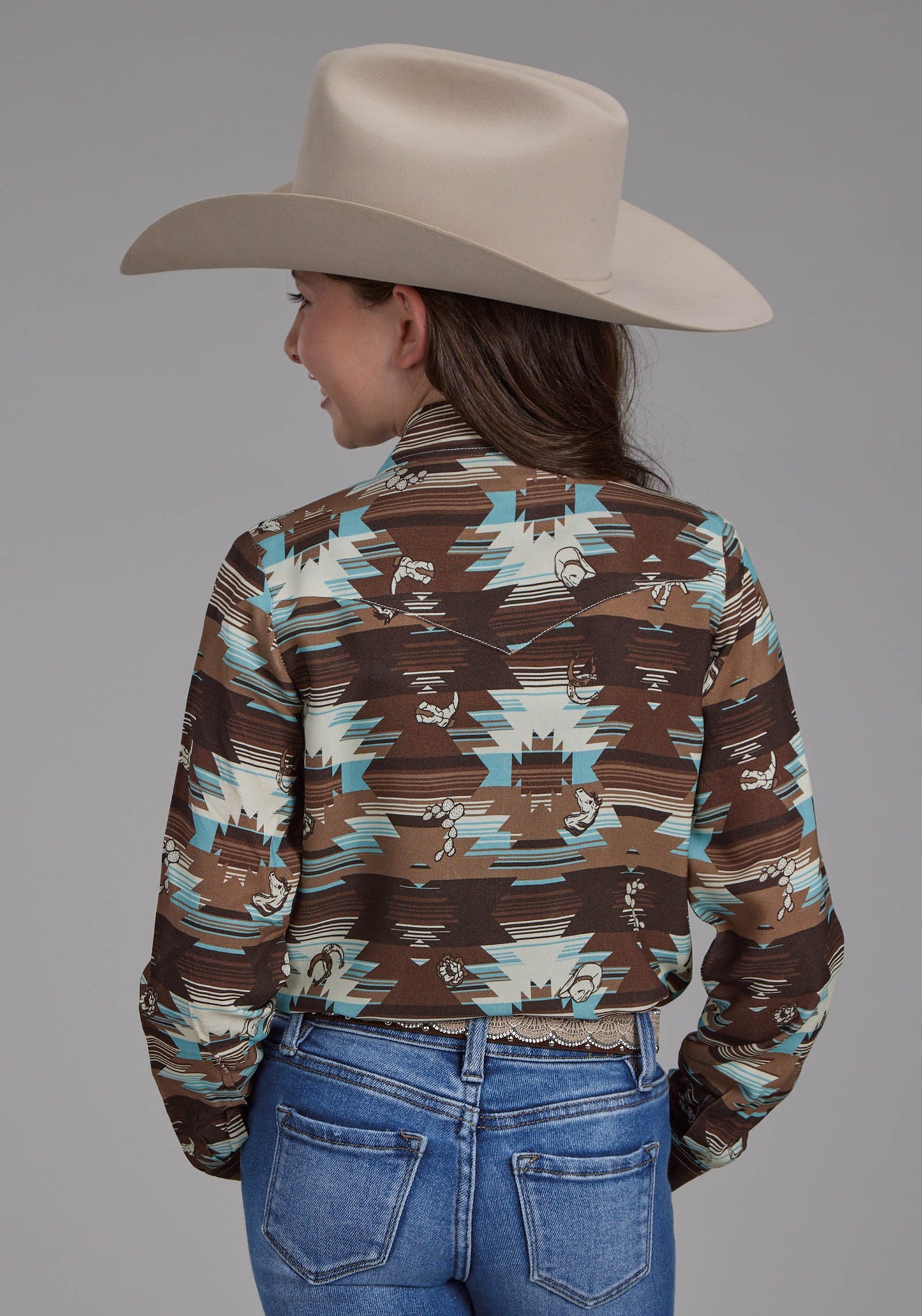 Roper Girls Icon Aztec Print Rayon Long Sleeve Snap Western Shirt