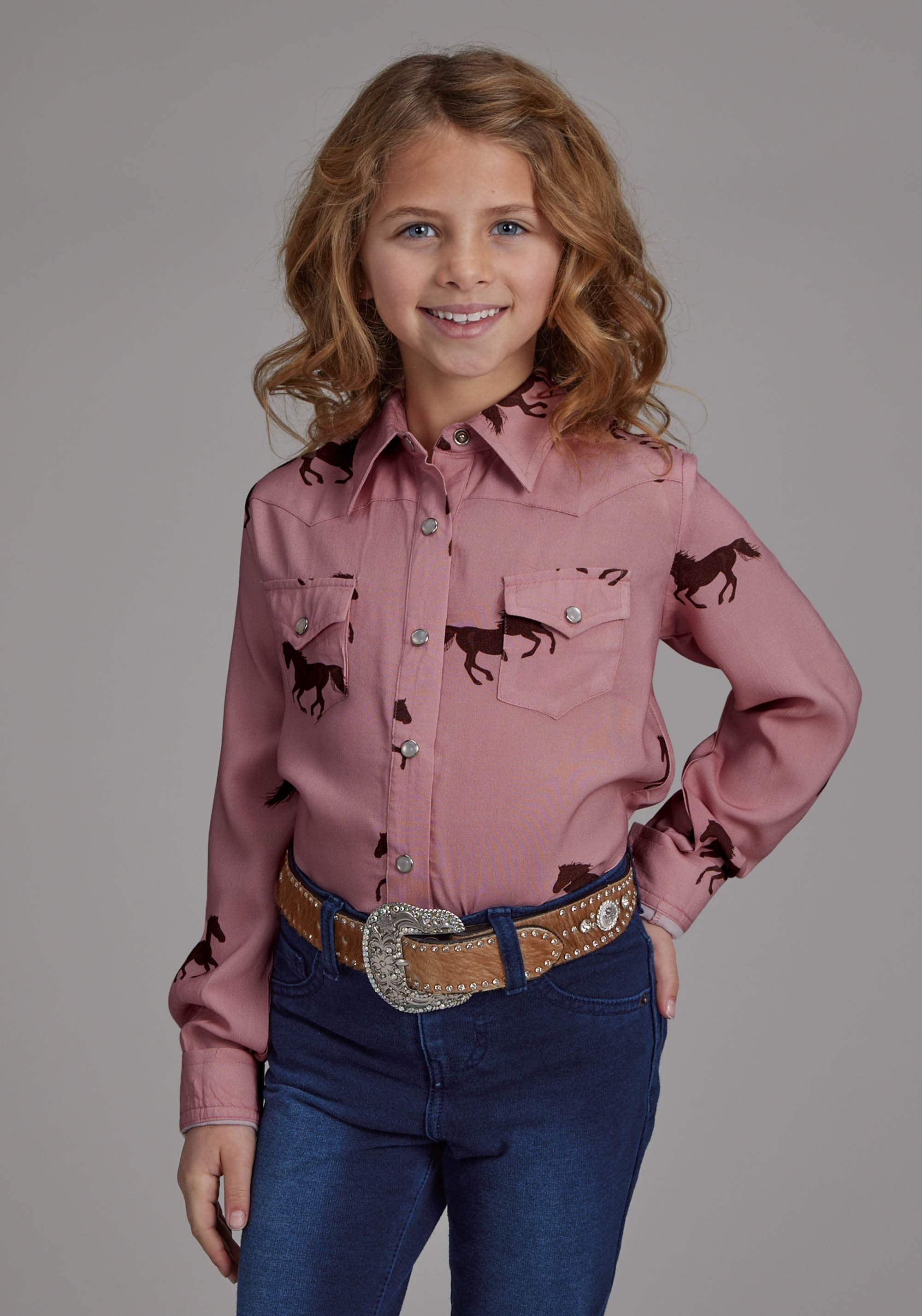 Roper Girls Wild Horses Printed Rayon Long Sleeve Snap Western Shirt - Roper - Flyclothing LLC