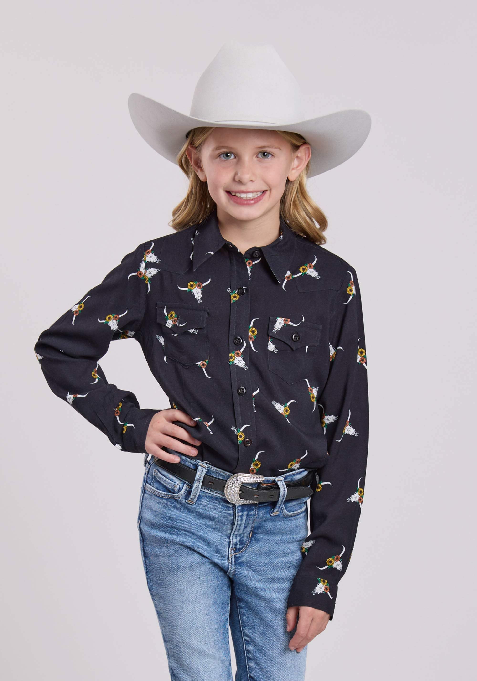 Roper Girls Long Sleeve Button Skull Print Rayon Western Blouse Western Shirt - Roper - Flyclothing LLC