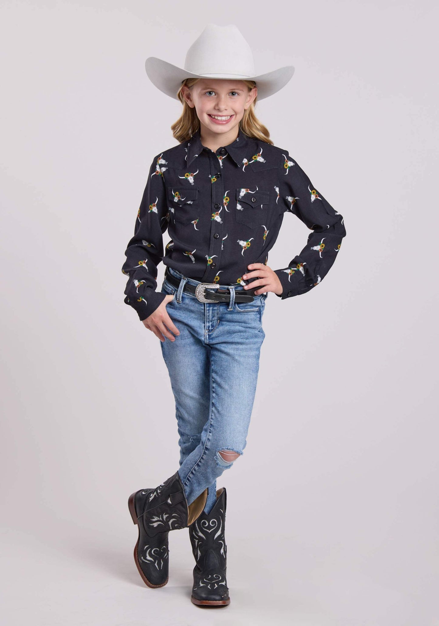 Roper Girls Long Sleeve Button Skull Print Rayon Western Blouse Western Shirt - Roper - Flyclothing LLC