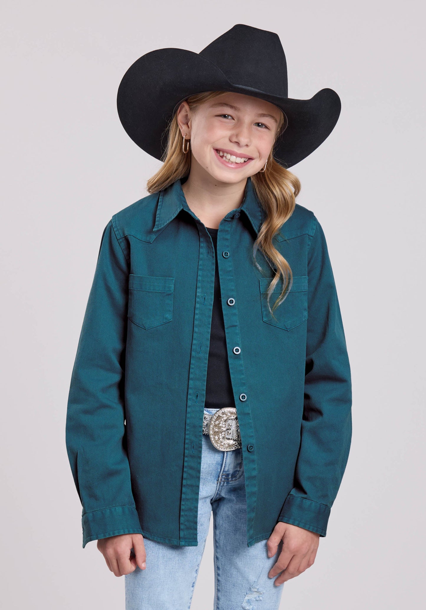 Roper Girls Long Sleeve Button Turq Pigment Dyed Wstrn Blouse Western 