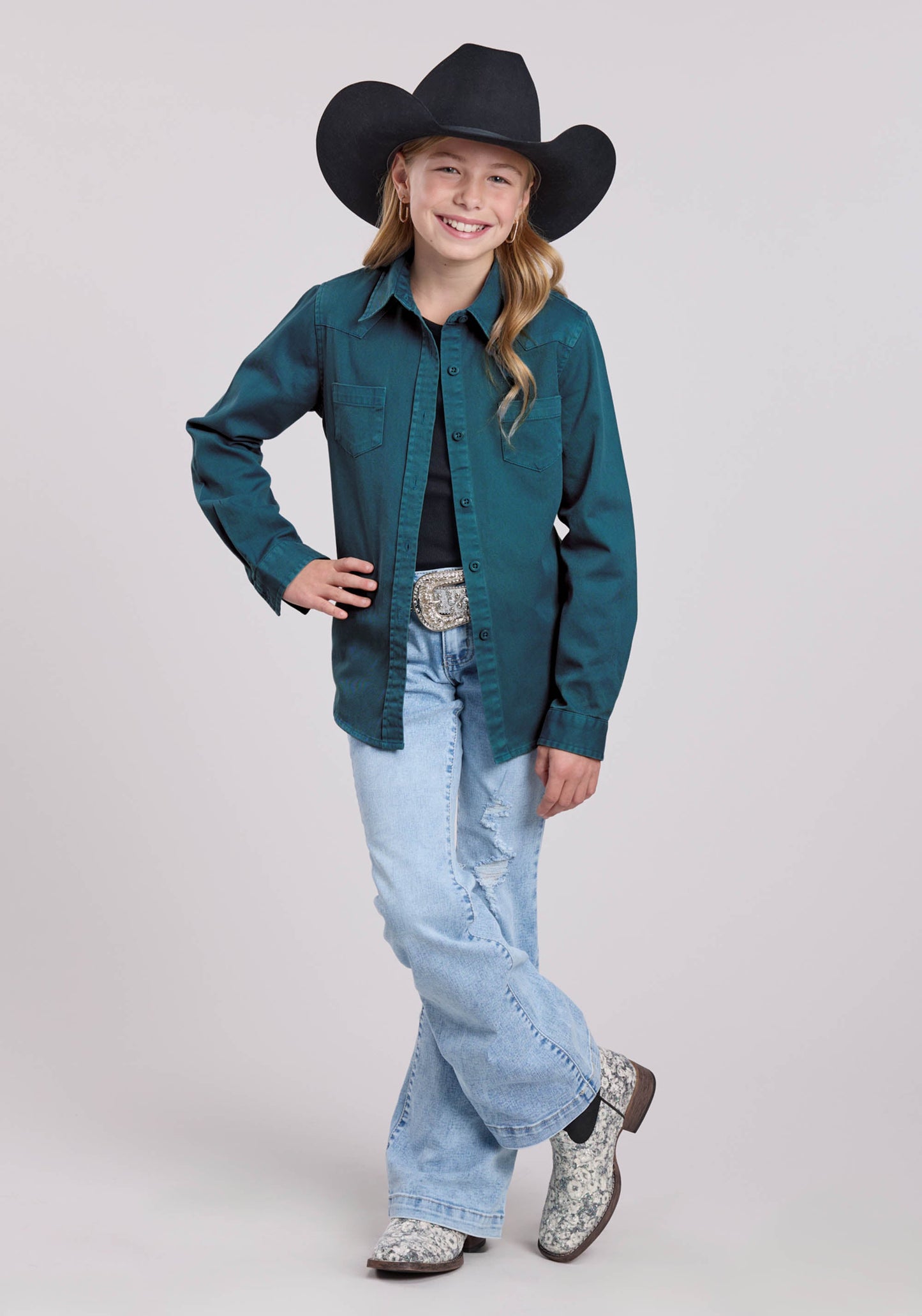 Roper Girls Long Sleeve Button Turq Pigment Dyed Wstrn Blouse Western Shirt