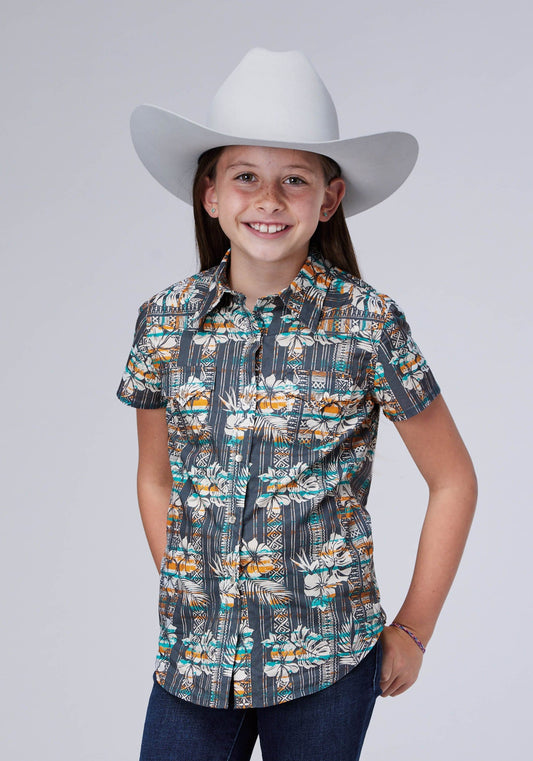 Roper Girls Sleeveless Snap Distressed Tropical Print Western Shirt - Roper