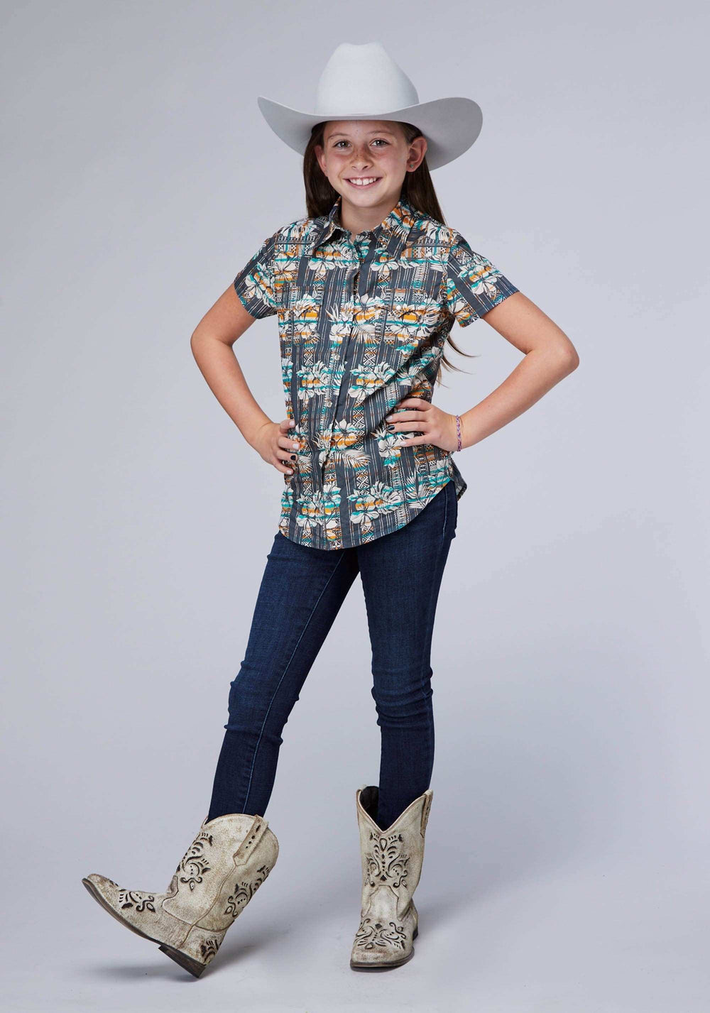 Roper Girls Sleeveless Snap Distressed Tropical Print Western Shirt - Roper - Flyclothing LLC
