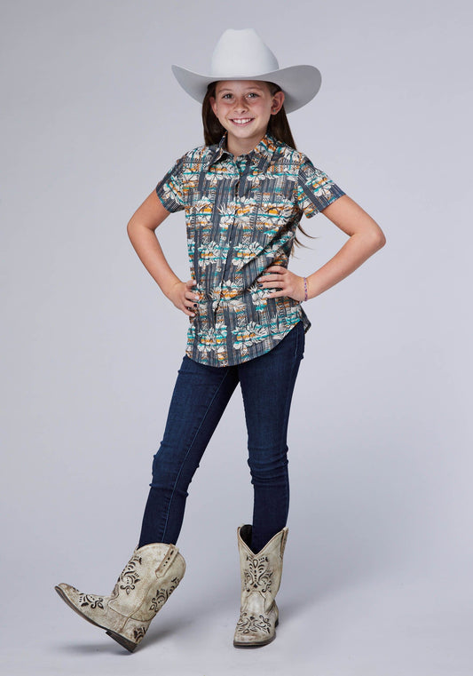 Roper Girls Sleeveless Snap Distressed Tropical Print Western Shirt - Roper