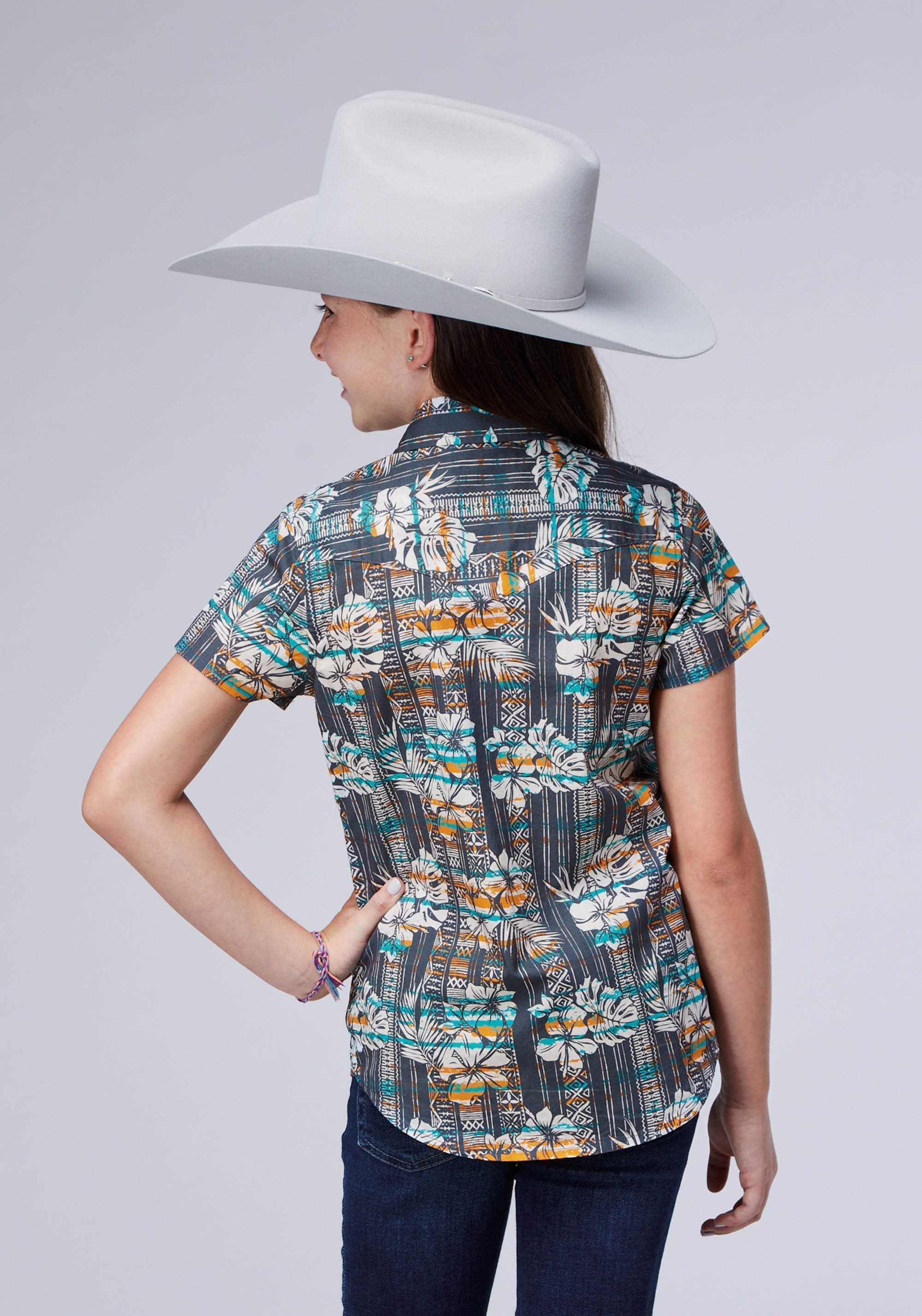 Roper Girls Sleeveless Snap Distressed Tropical Print Western Shirt - Roper
