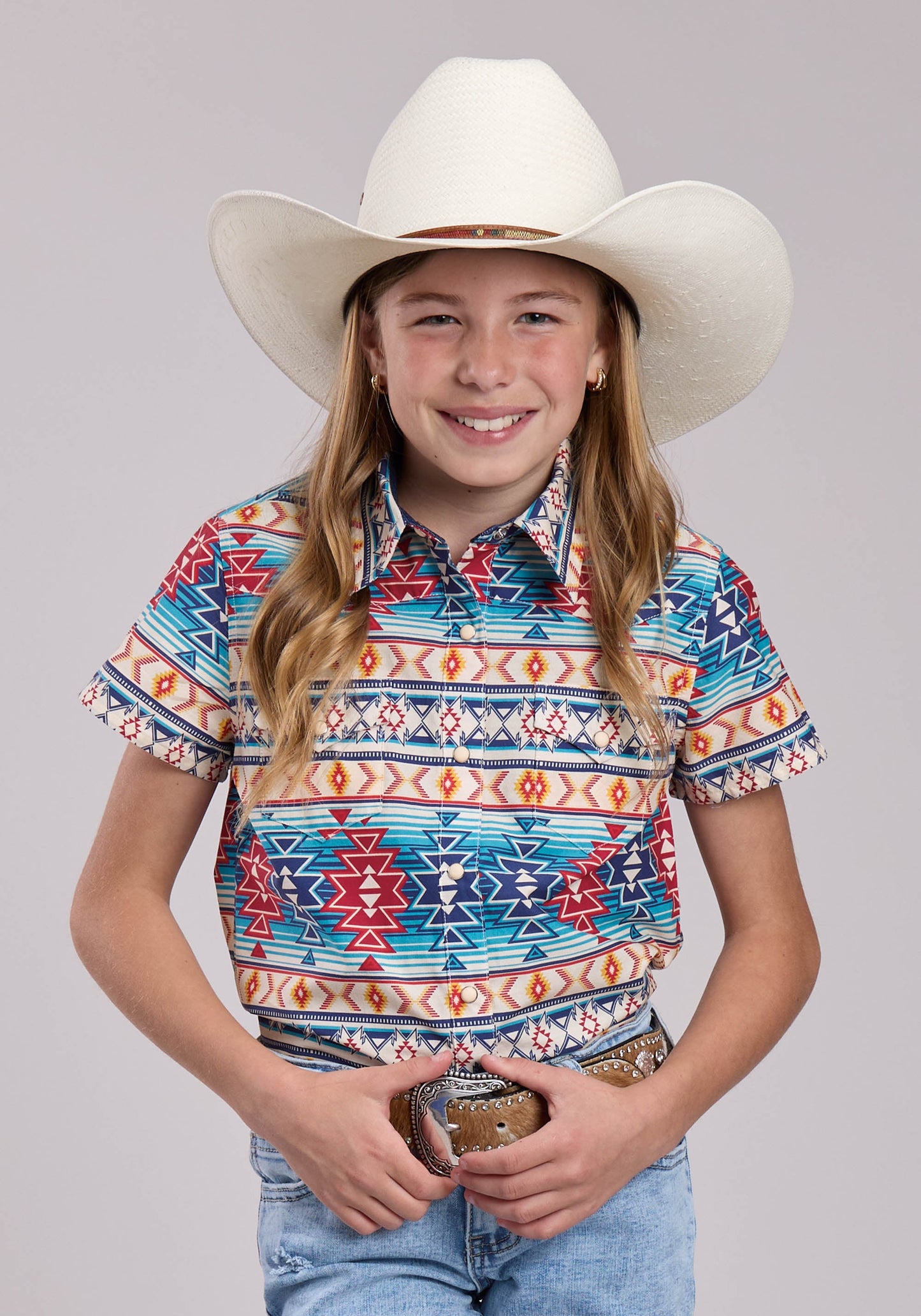 Girls Roper Horizontal Aztec Blanket Stripe Short Sleeve Shirt
