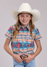 Girls Roper Horizontal Aztec Blanket Stripe Short Sleeve Shirt