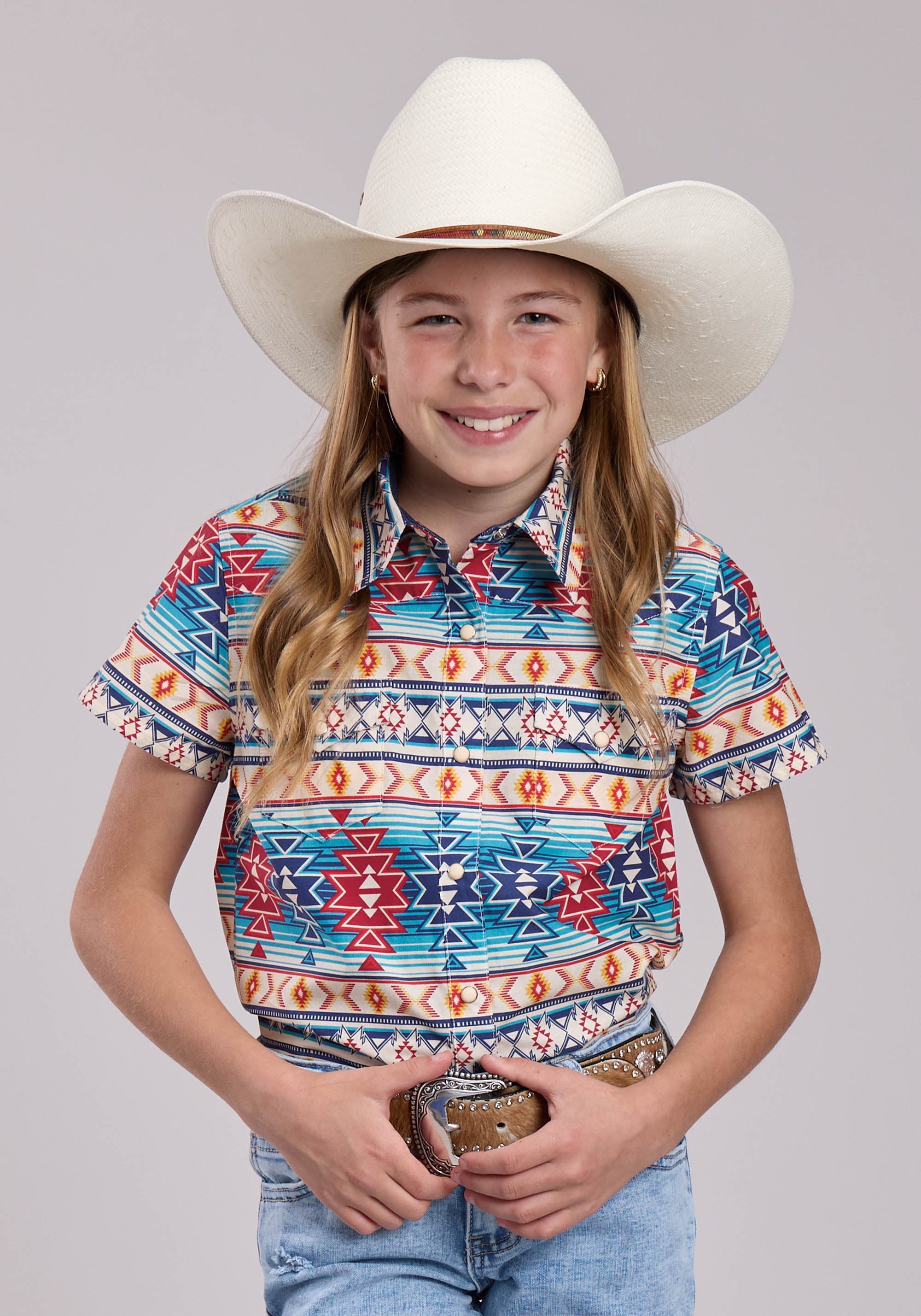 Girls Roper Horizontal Aztec Blanket Stripe Short Sleeve Shirt