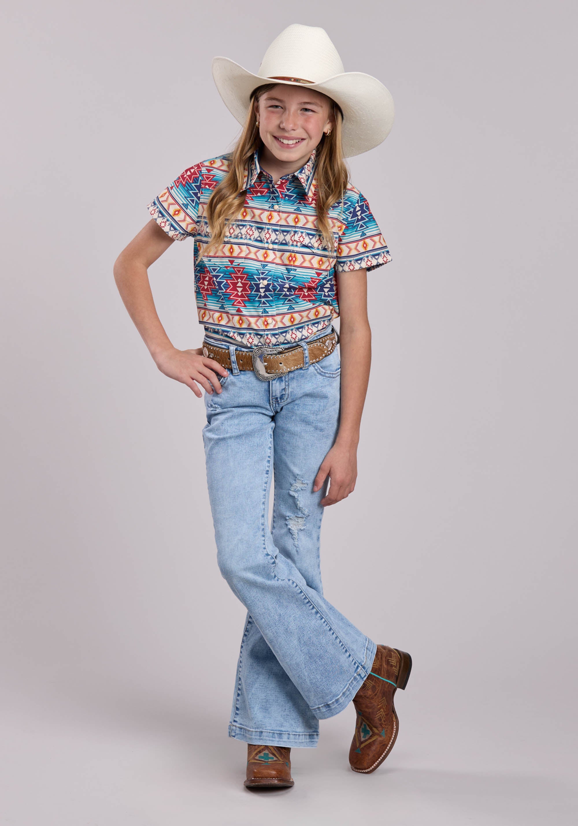 Girls Roper Horizontal Aztec Blanket Stripe Short Sleeve Shirt