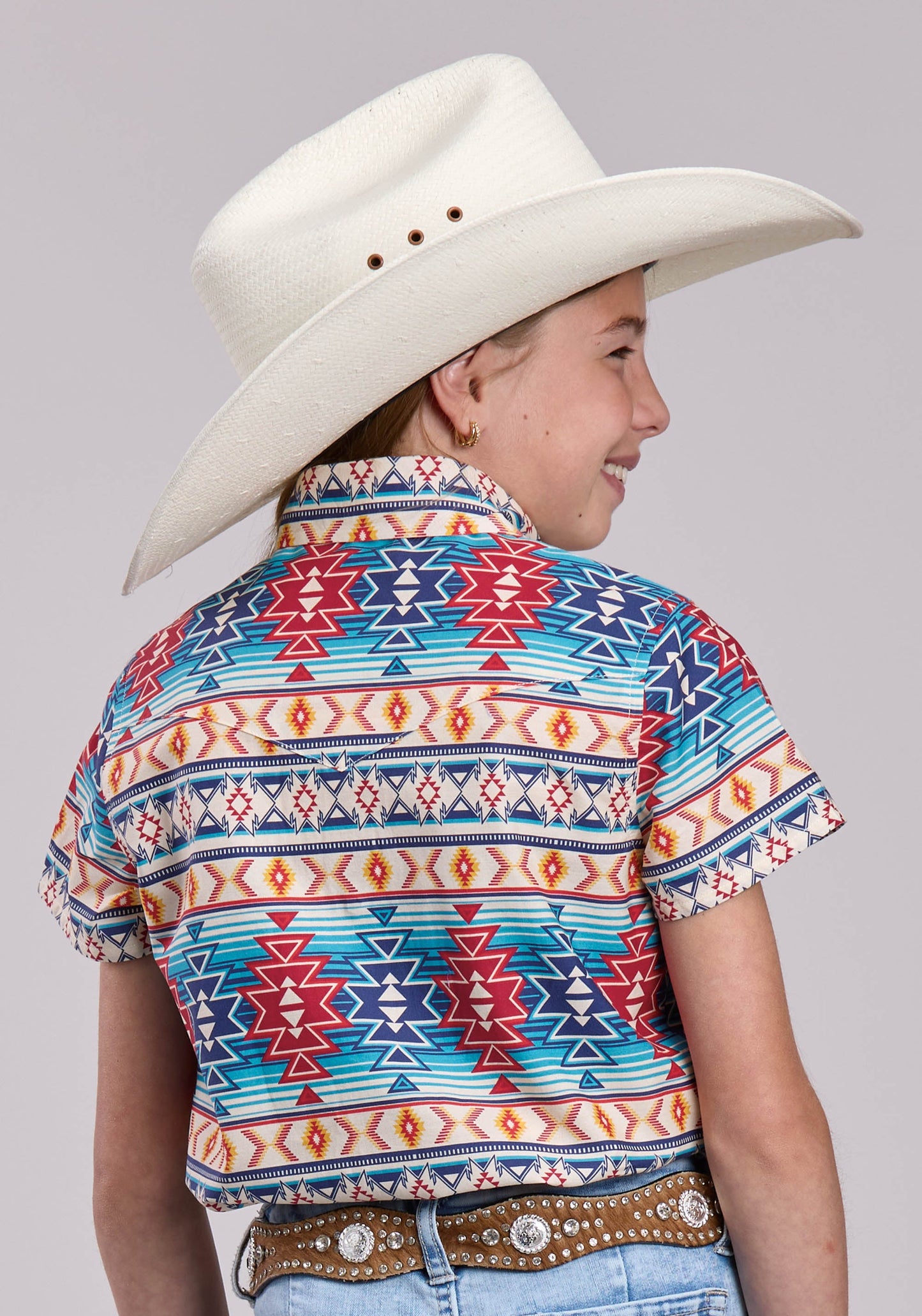 Girls Roper Horizontal Aztec Blanket Stripe Short Sleeve Shirt