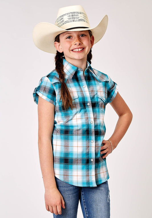 Roper Girls Short Sleeve Snap Stretch Poplin Turquoise Plaid Western Shirt - Roper