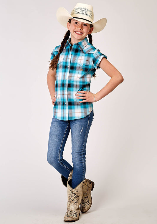 Roper Girls Short Sleeve Snap Stretch Poplin Turquoise Plaid Western Shirt - Roper