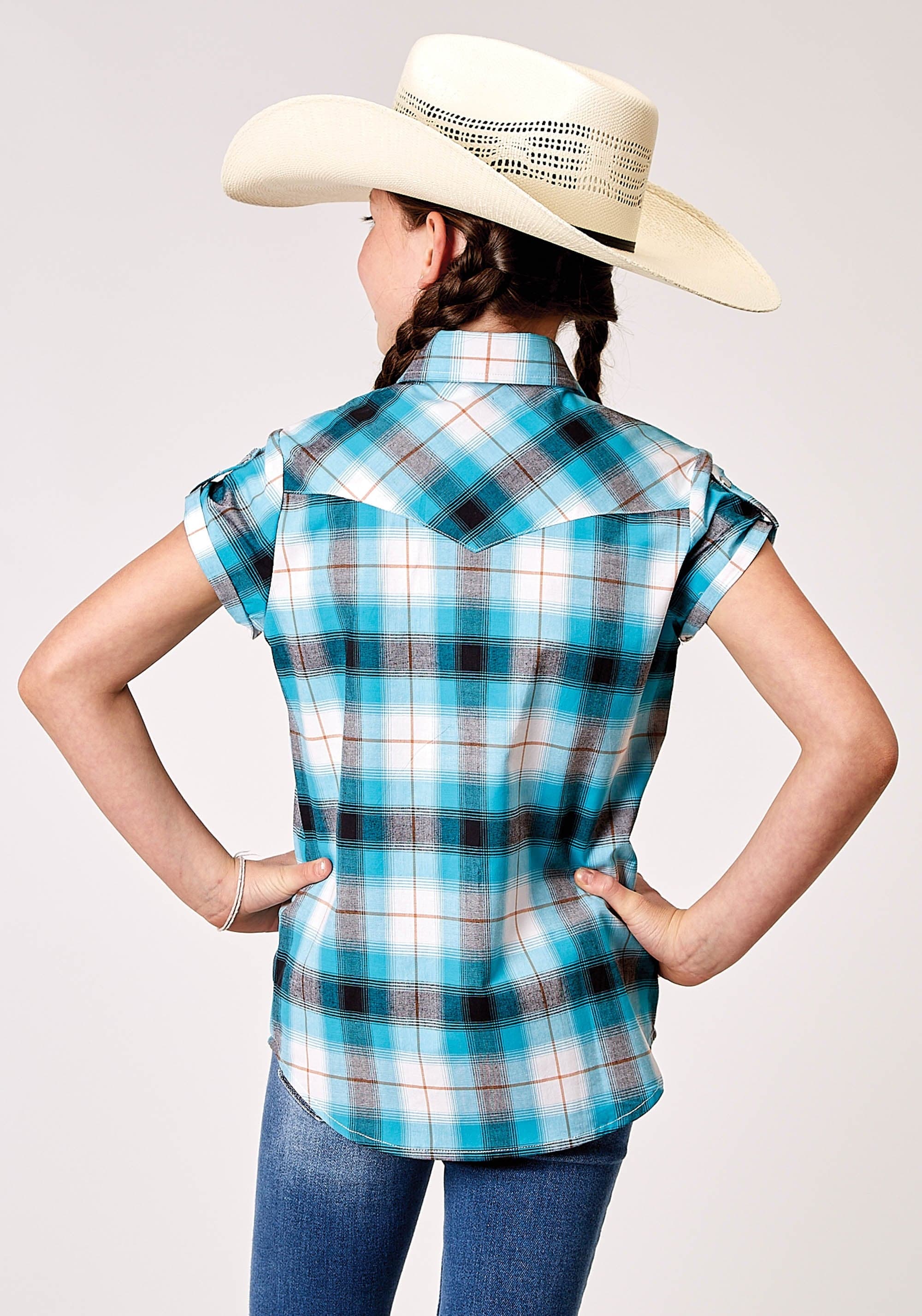 Roper Girls Short Sleeve Snap Stretch Poplin Turquoise Plaid Western Shirt - Roper