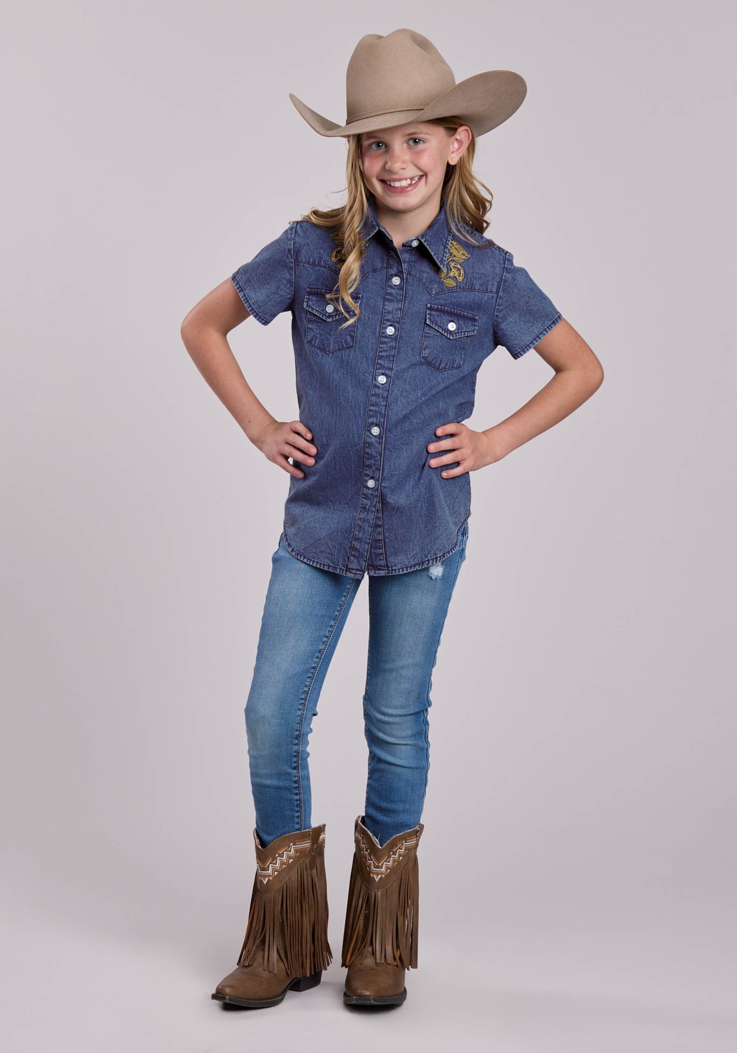 Girls Roper Blue Denim Western Blouse
