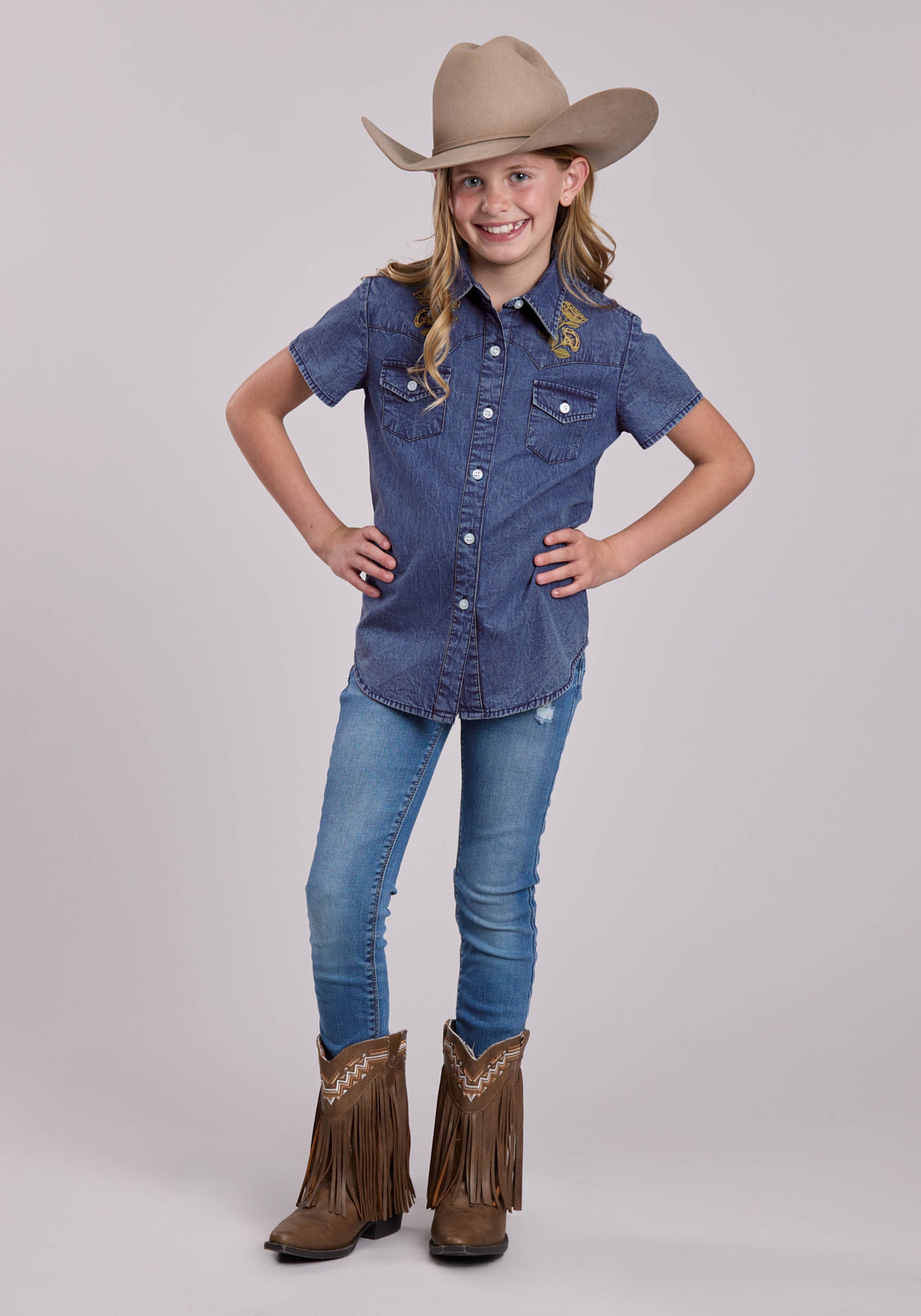 Girls Roper Blue Denim Western Blouse
