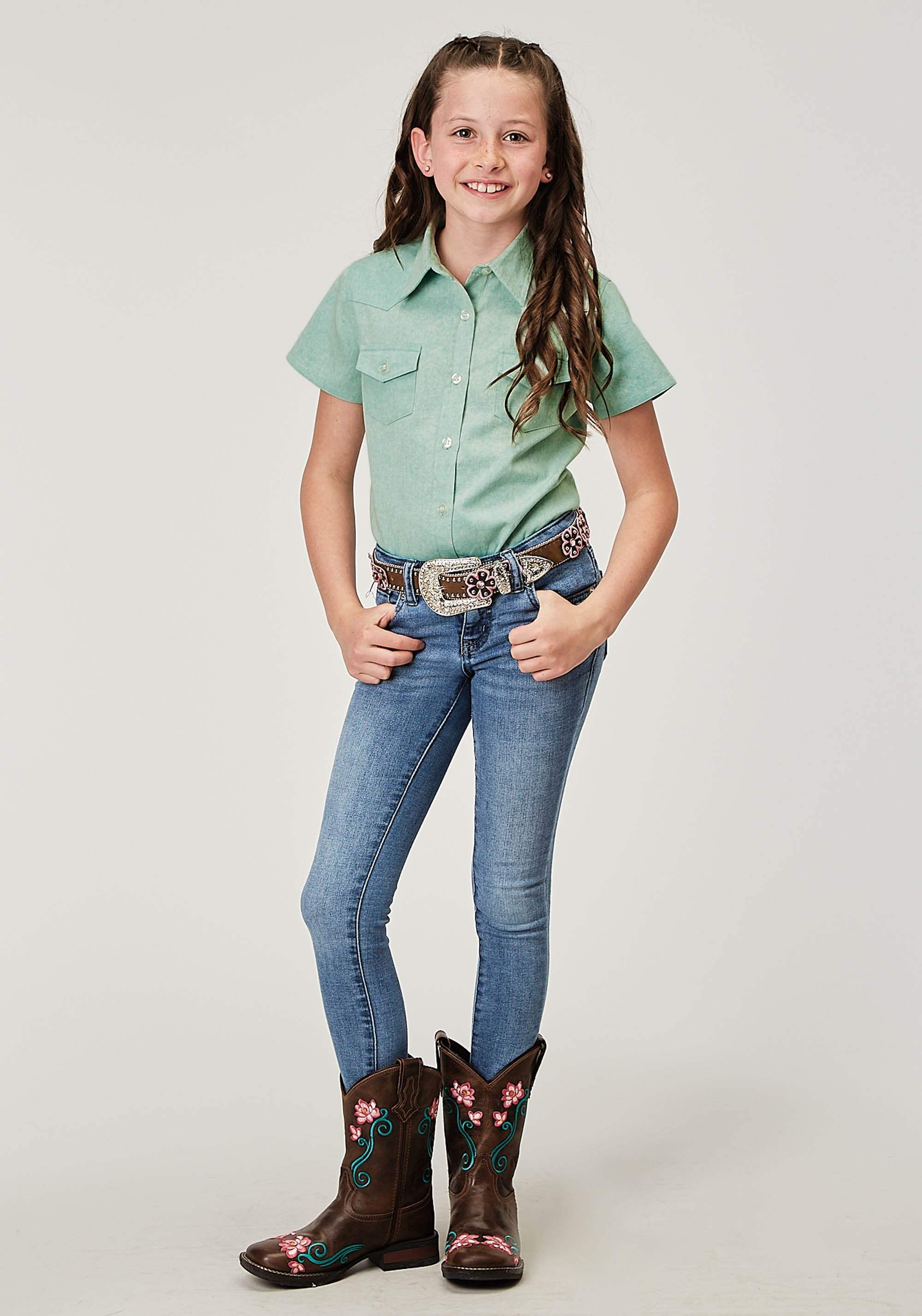 Roper Girls Short Sleeve Button Light Blue Denim Western Blouse With 1 Point Front And Back Yokes Double Needle Stitching - Roper - Flyclothing LLC