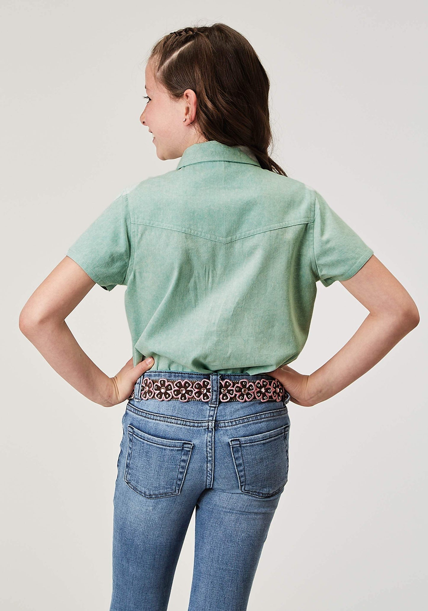 Roper Girls Short Sleeve Button Light Blue Denim Western Blouse With 1 Point Front And Back Yokes Double Needle Stitching - Roper - Flyclothing LLC
