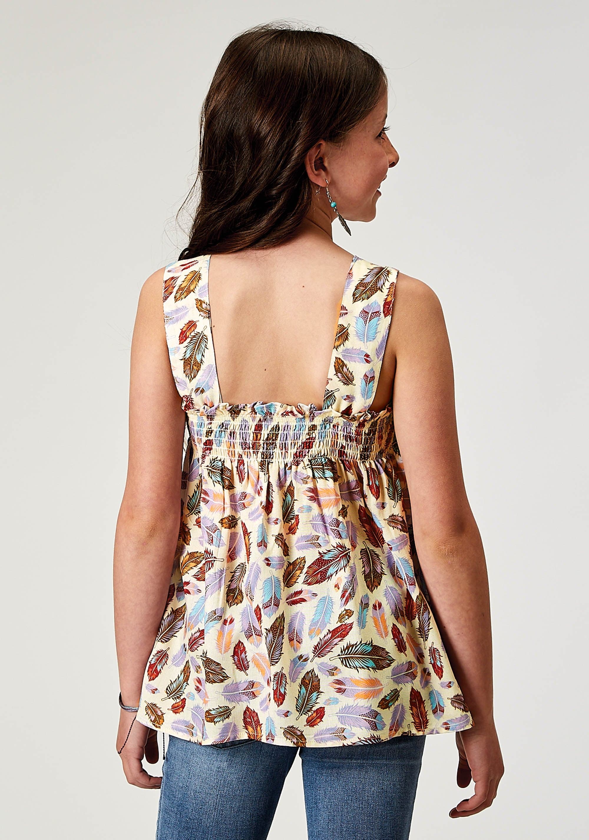 Roper Girls Sleeveless Feather Toss Printed Rayon Tank - Roper