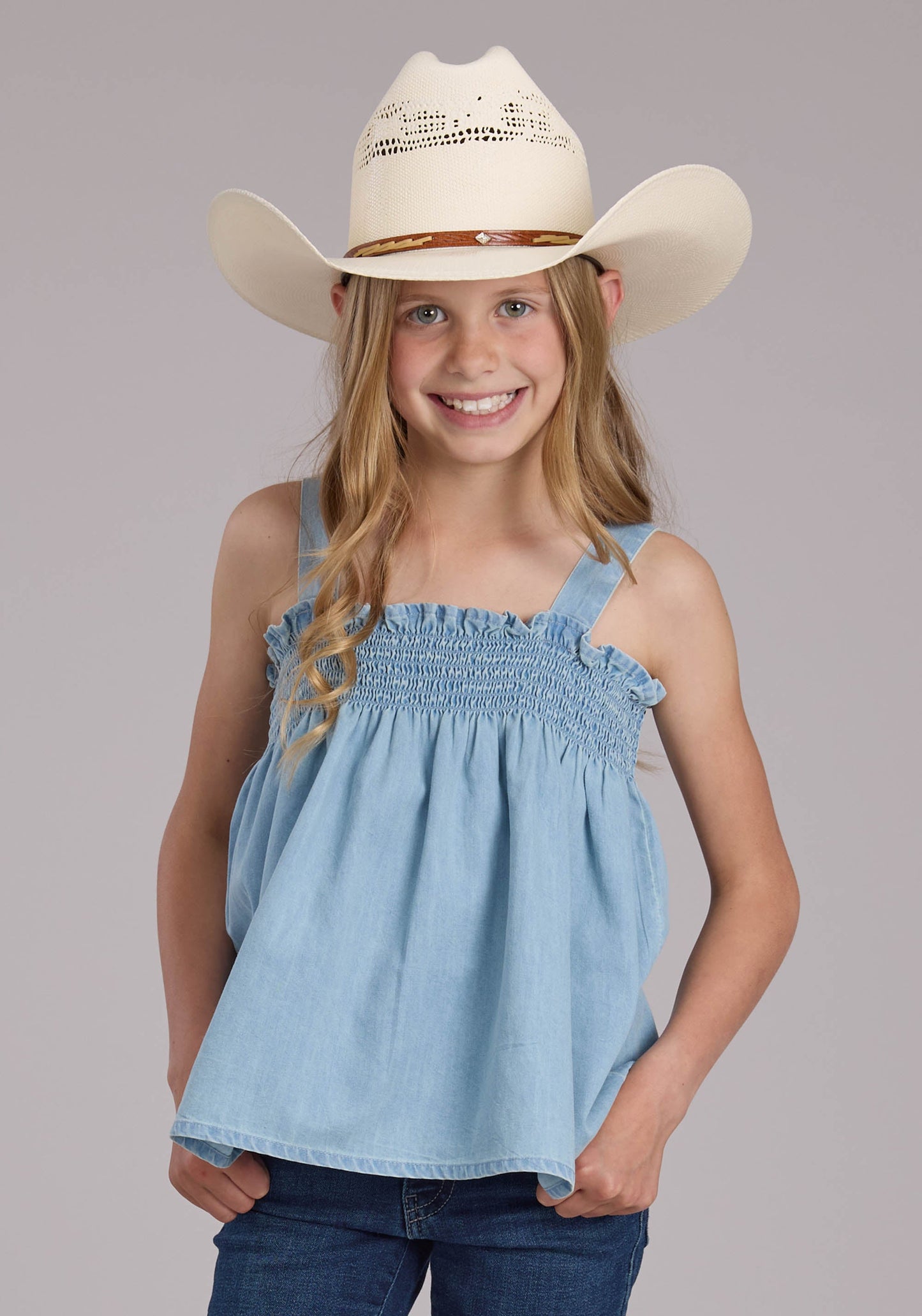 Roper Girls Light Blue Denim Babydoll Tank Sleeveless Pullover Western