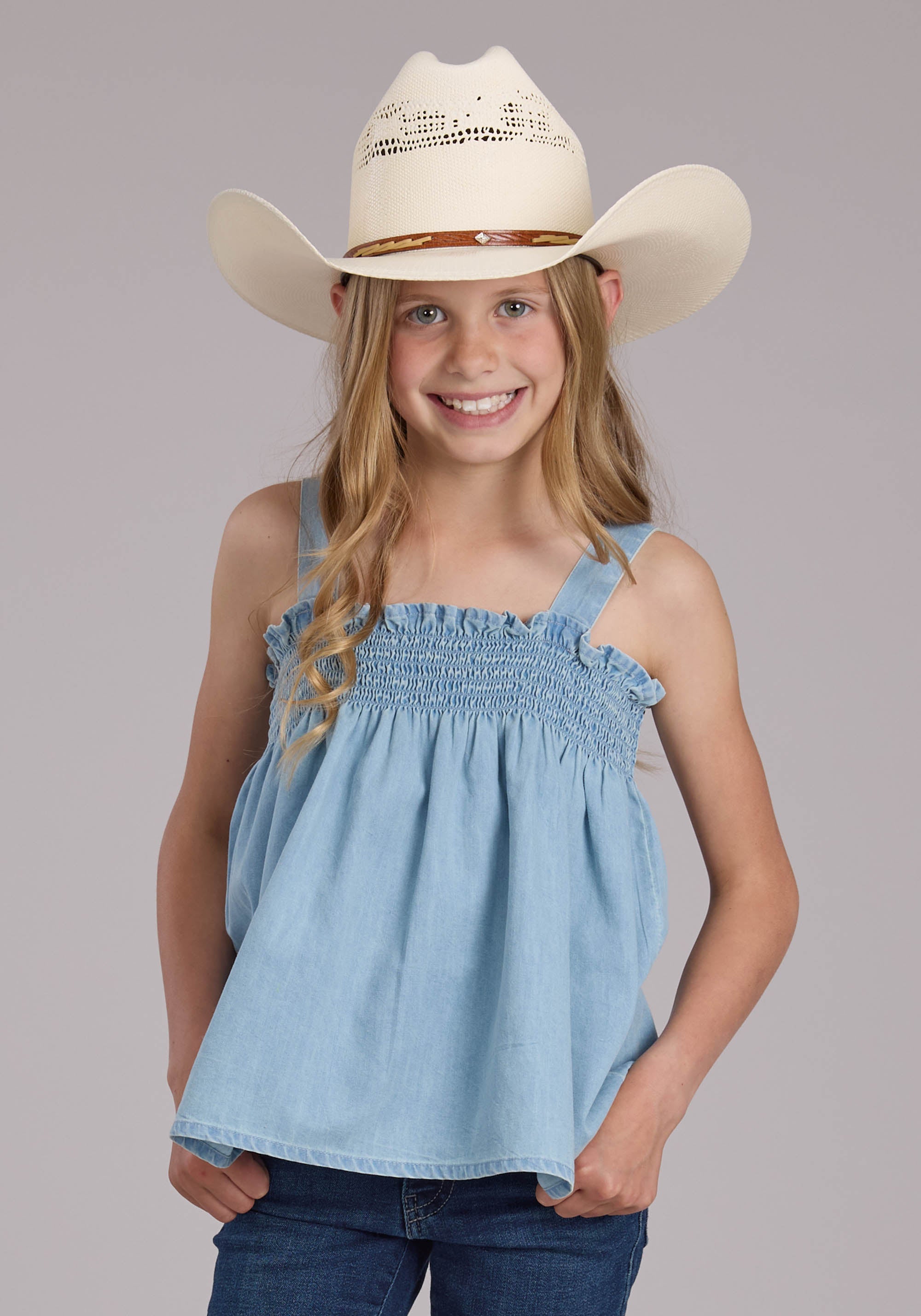 Roper Girls Light Blue Denim Babydoll Tank Sleeveless Pullover Western