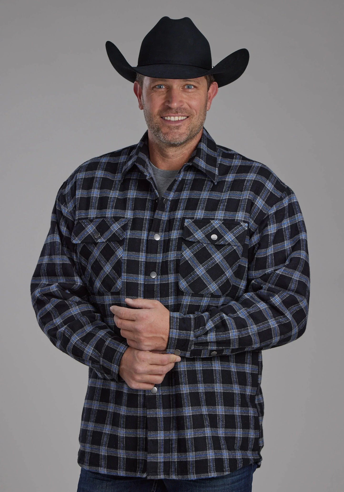 Mens Sherpa Lined Flannel Shirt Snap Jacket - ROPER - Flyclothing LLC