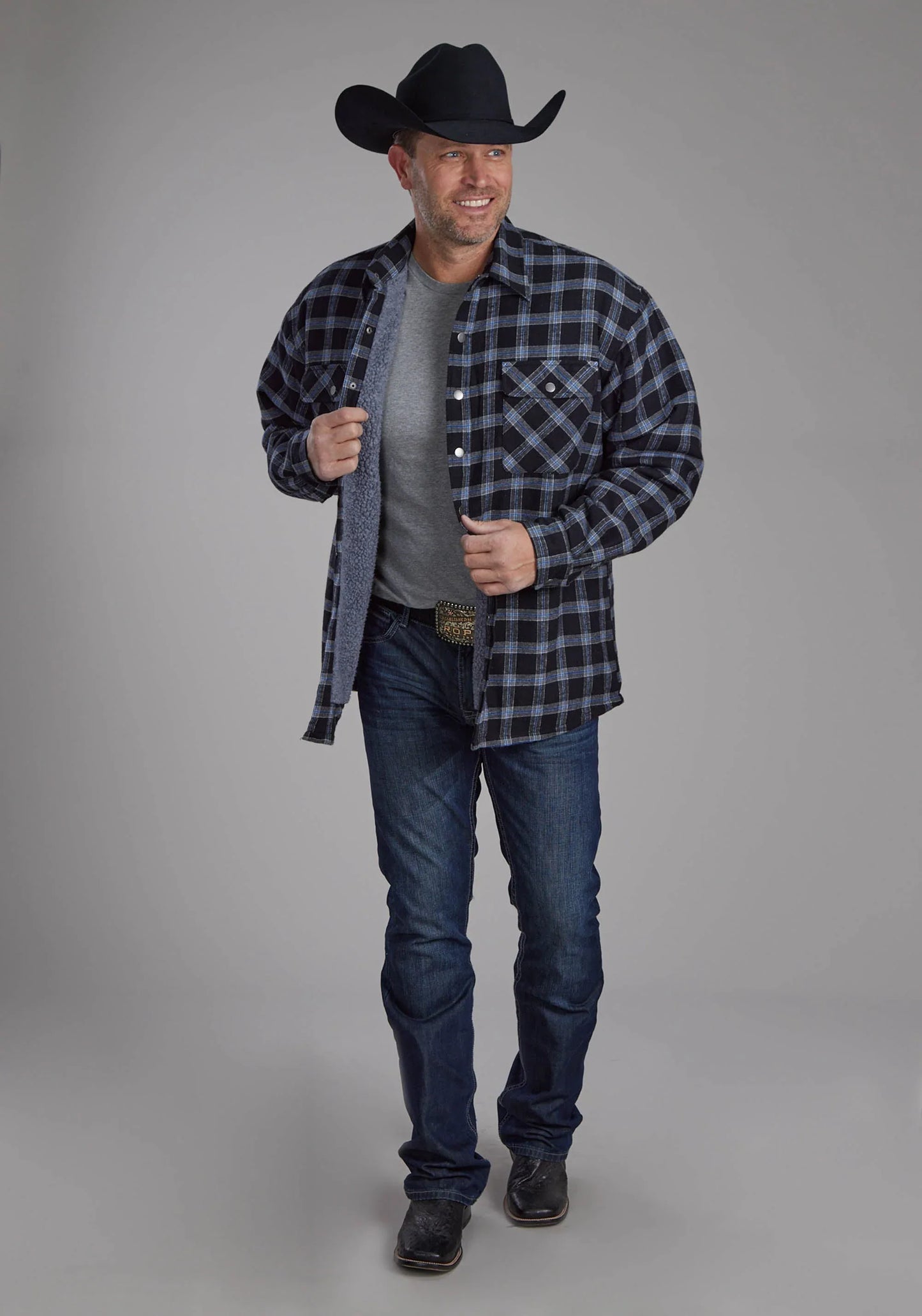 Mens Sherpa Lined Flannel Shirt Snap Jacket - ROPER - Flyclothing LLC