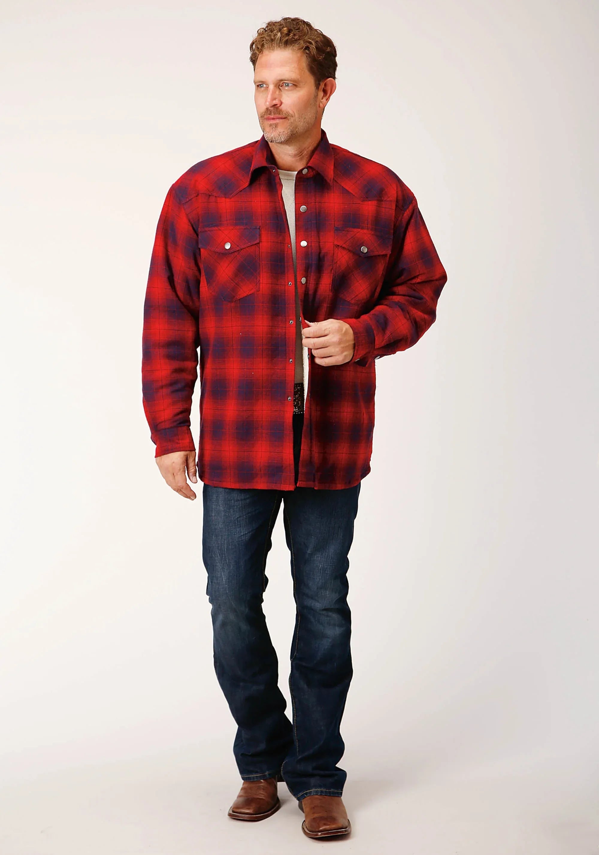 Mens Long Sleeve Snap Sherpa Lined Flannel Shirt Jacket - ROPER - Flyclothing LLC