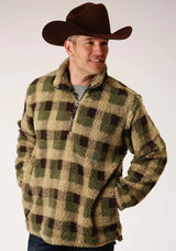 Mens Grey Brown Check Print Polar Fleece Pullover - ROPER - Flyclothing LLC