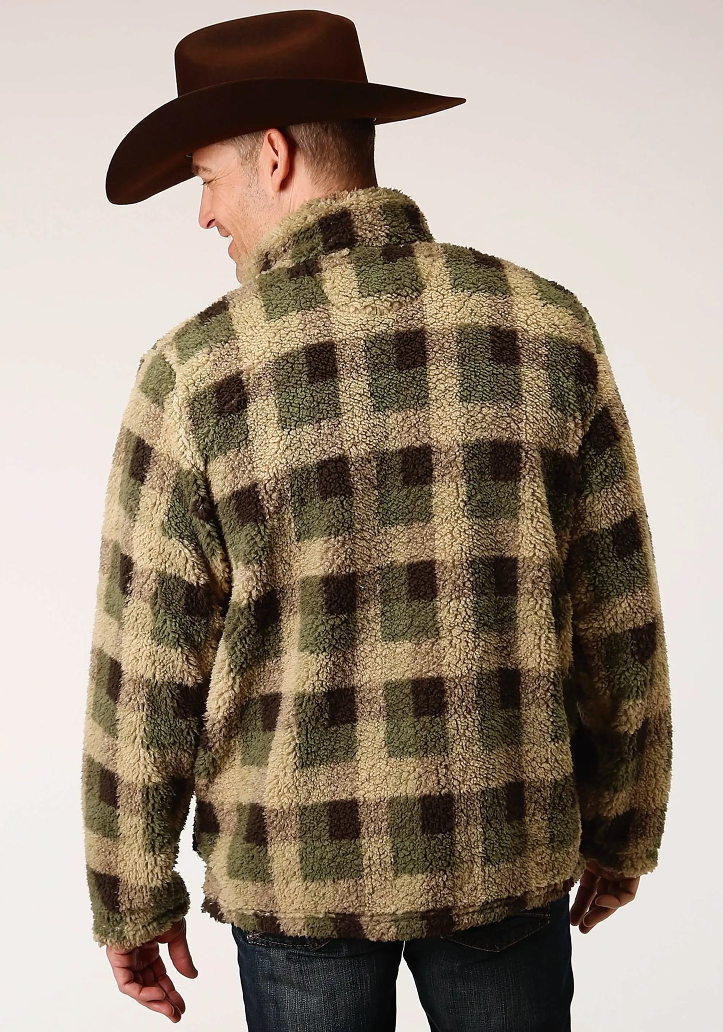 Mens Grey Brown Check Print Polar Fleece Pullover - ROPER - Flyclothing LLC