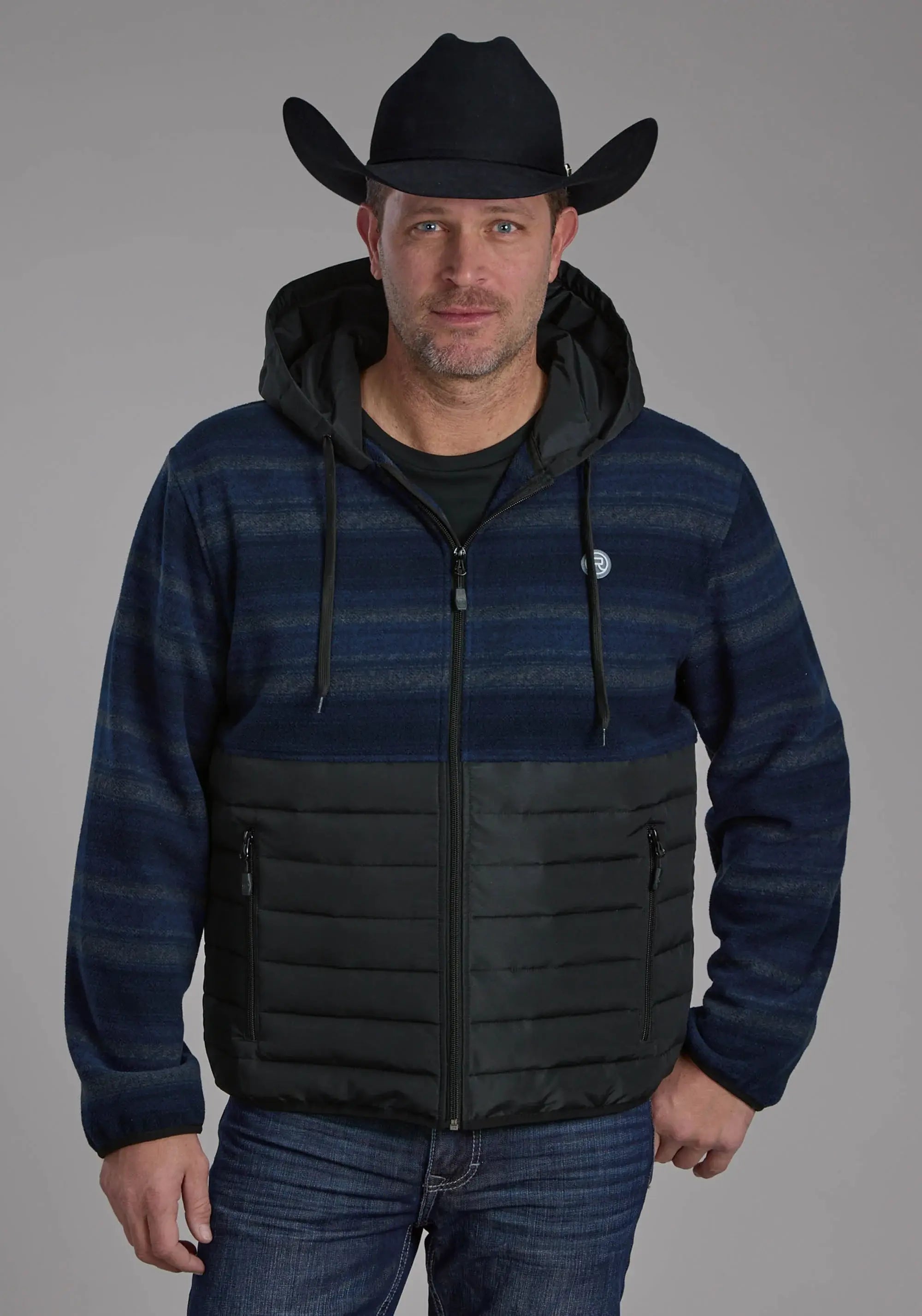 Mens Blue Gray Print Fleece Nylon Combo Zipper Jacket - ROPER - Flyclothing LLC