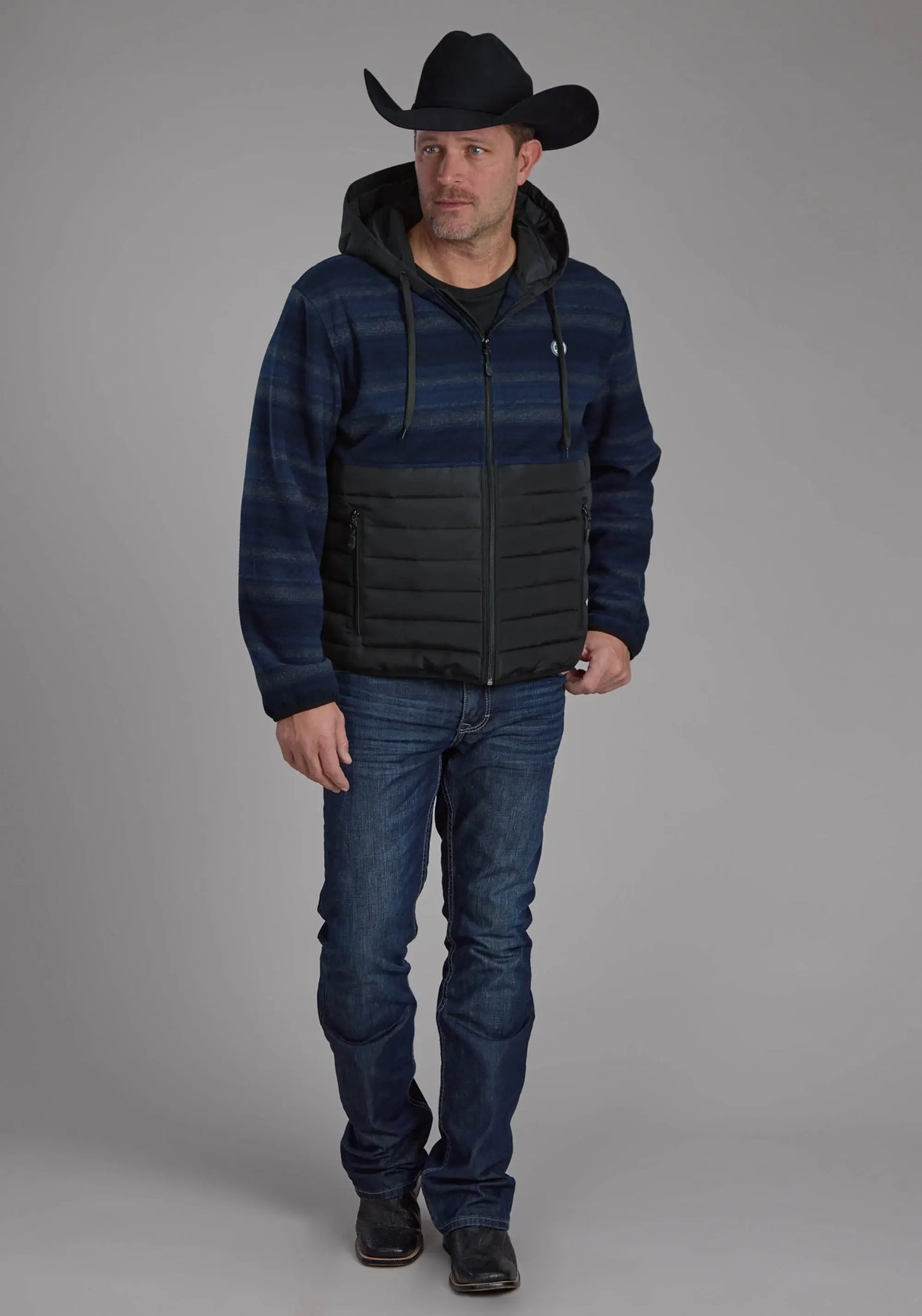 Mens Blue Gray Print Fleece Nylon Combo Zipper Jacket - ROPER - Flyclothing LLC