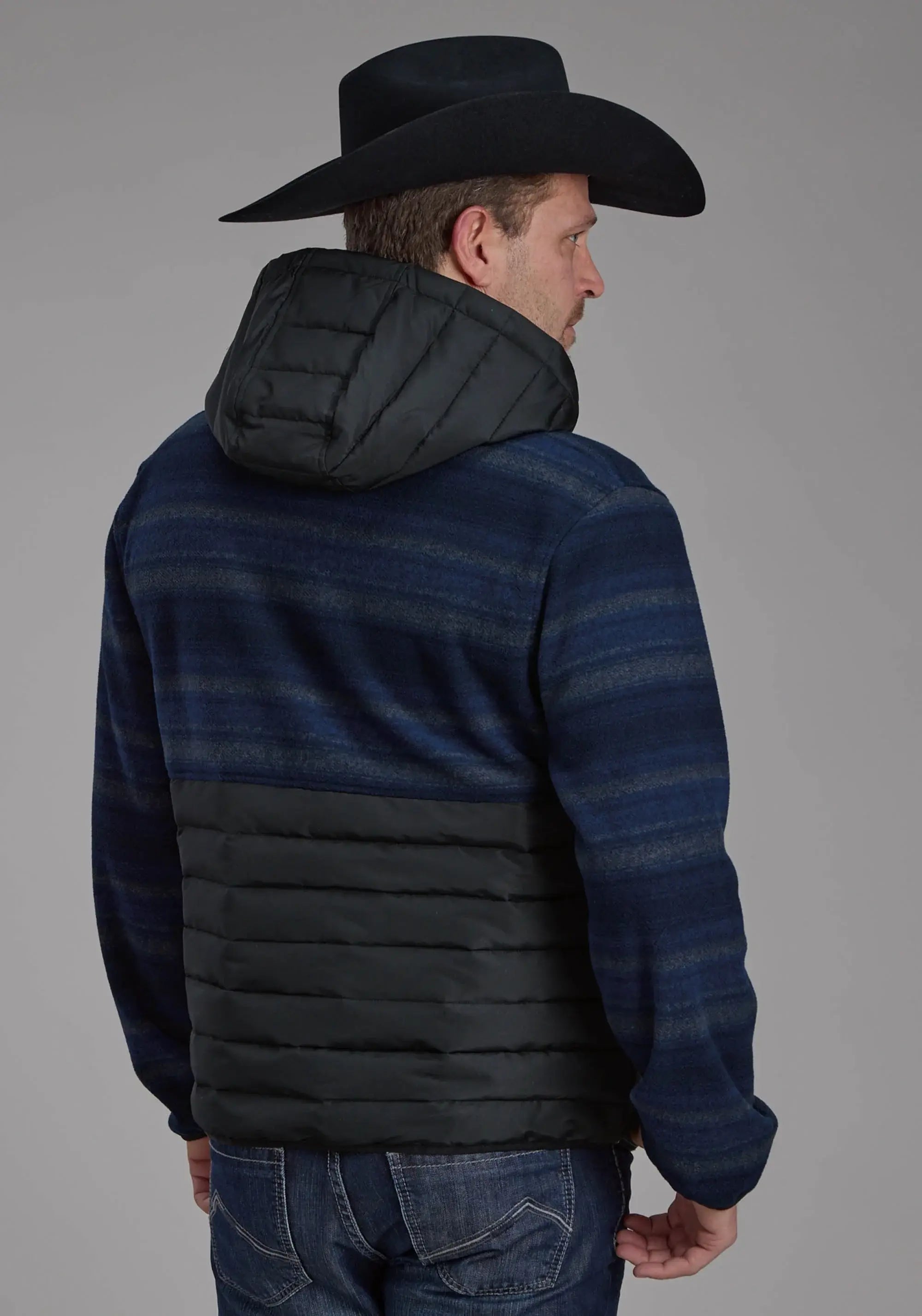 Mens Blue Gray Print Fleece Nylon Combo Zipper Jacket - ROPER - Flyclothing LLC