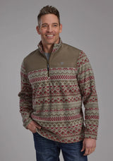 Mens Red Olive Aztec Print Micro Fleece Zipper Jacket - ROPER - Flyclothing LLC