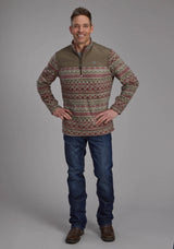 Mens Red Olive Aztec Print Micro Fleece Zipper Jacket - ROPER - Flyclothing LLC
