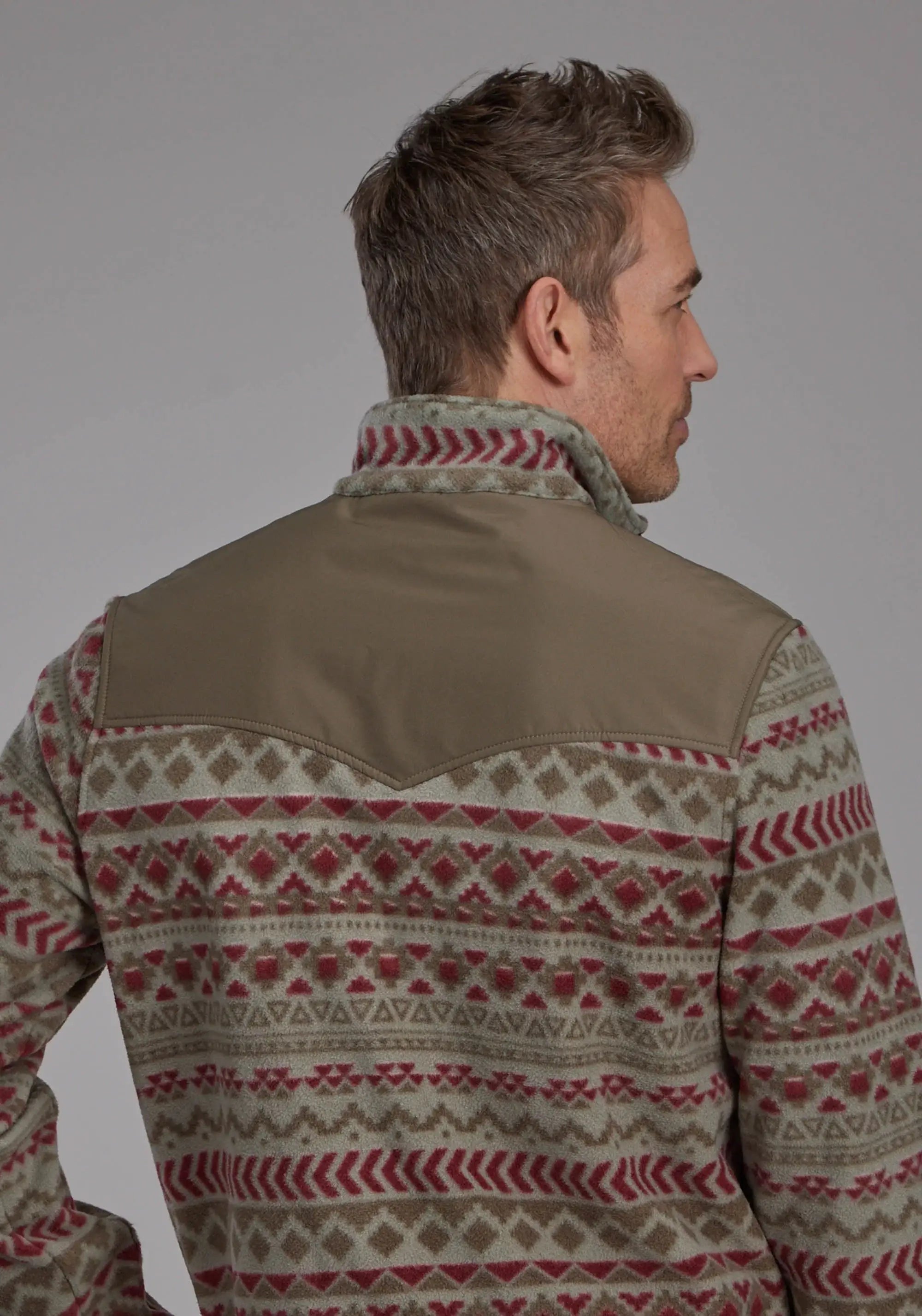 Mens Red Olive Aztec Print Micro Fleece Zipper Jacket - ROPER - Flyclothing LLC